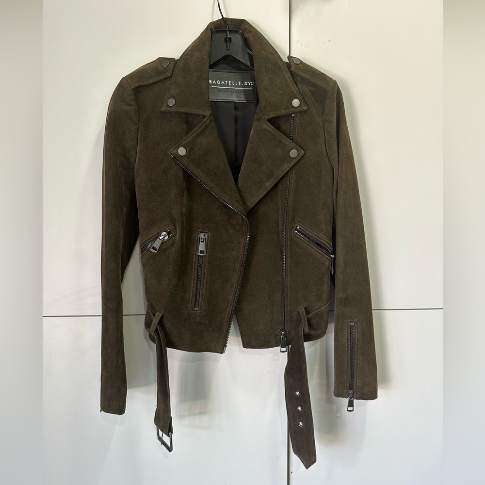 Bagatelle NYC, olive green suede, leather jacket, size small